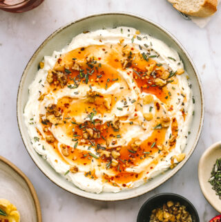 whipped ricotta with hot honey overhead in a bowl