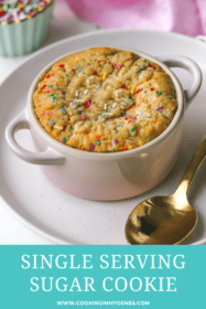 side angle of baked single serving sugar cookie in a ramekin