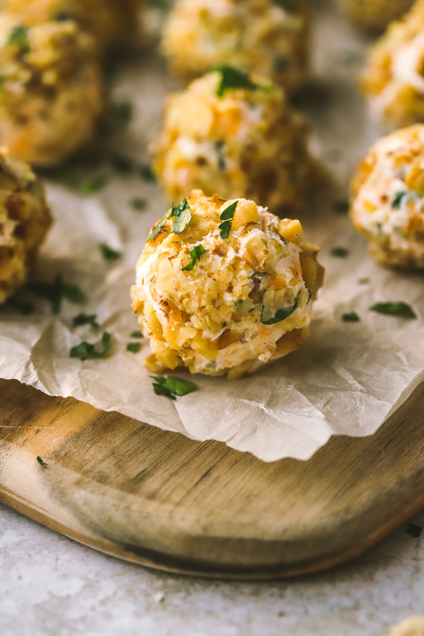 angled shot mini cheese balls on a platter