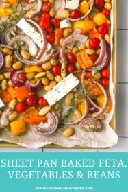 vegetables and beans mixed on a sheet pan
