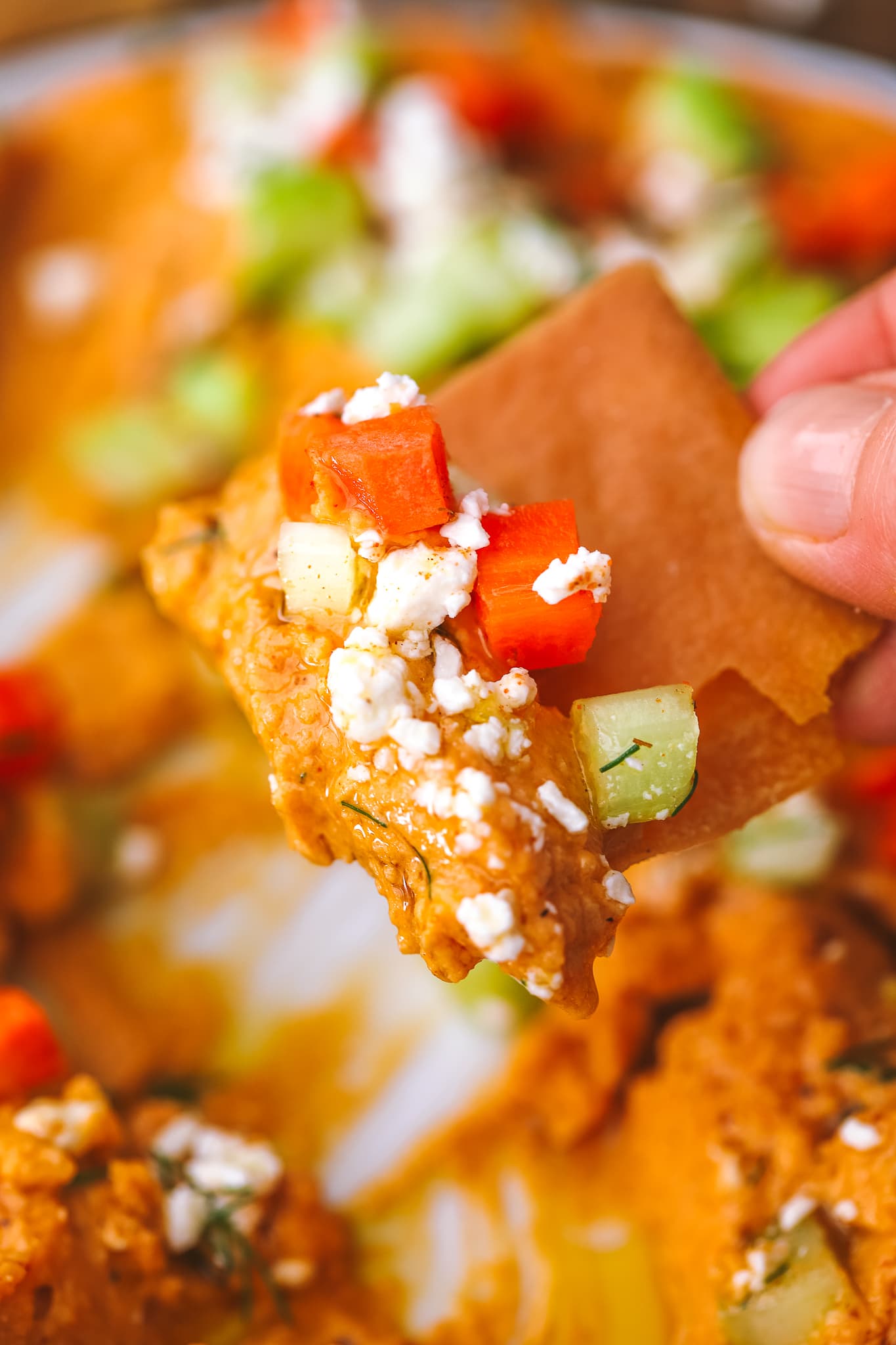 hand holding pita chip with spicy hummus