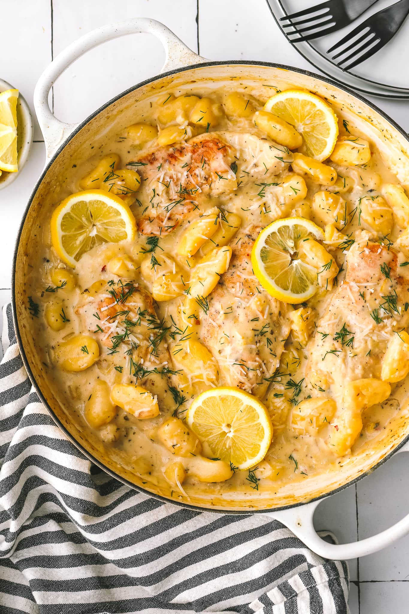 chicken, gnocchi and lemon in a large skillet