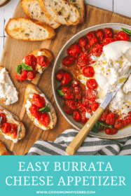 roasted tomatoes in a bowl with burrata cheese and toasted bread