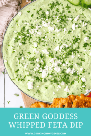 fresh herbs and feta on top of green goddess dip