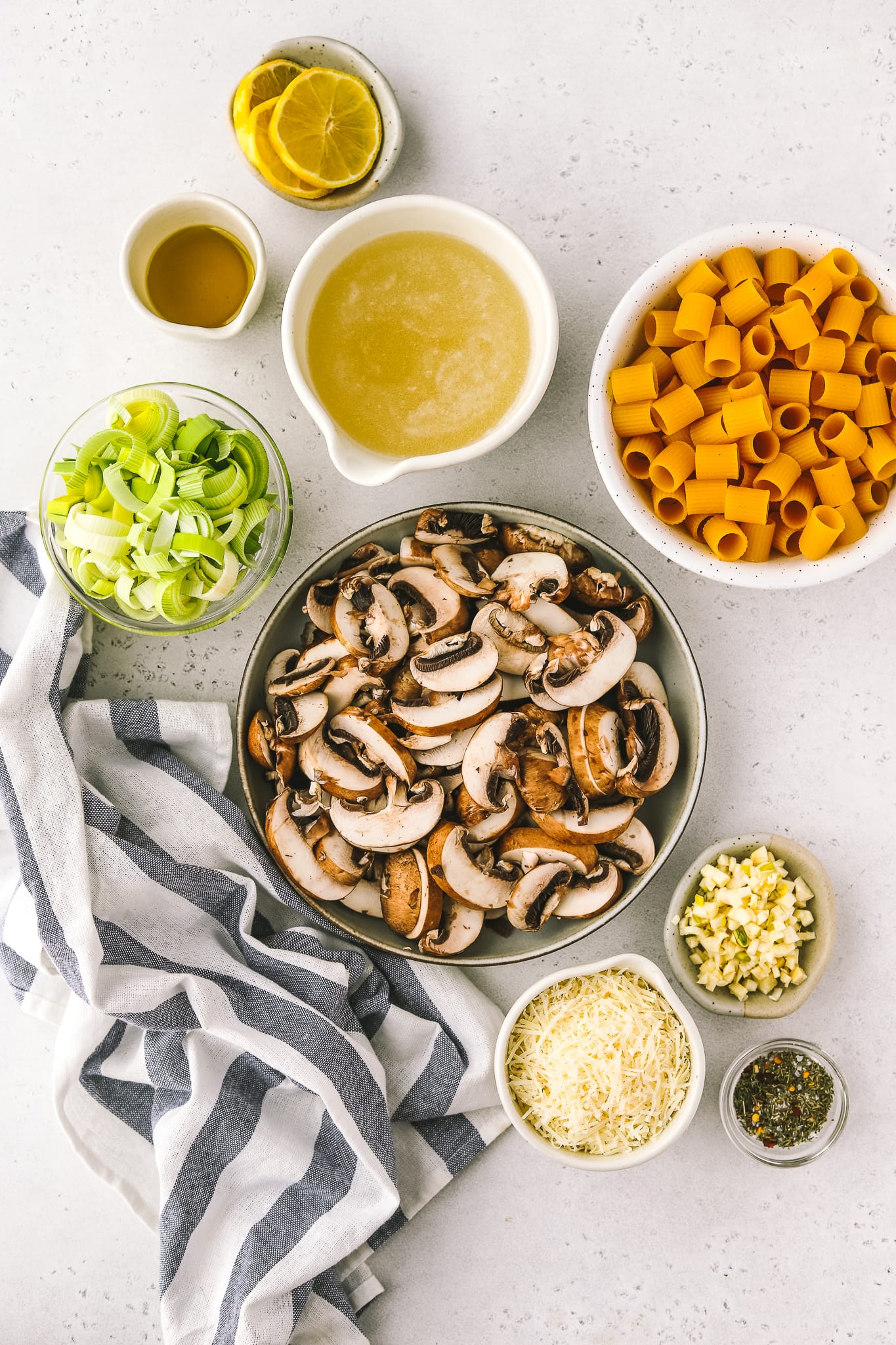 leek mushroom pasta ingredients in bowls