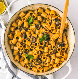 overhead shot of mushroom leek pasta in a large pot