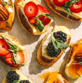 close-up of berry brie crostini