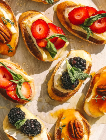 close-up of berry brie crostini
