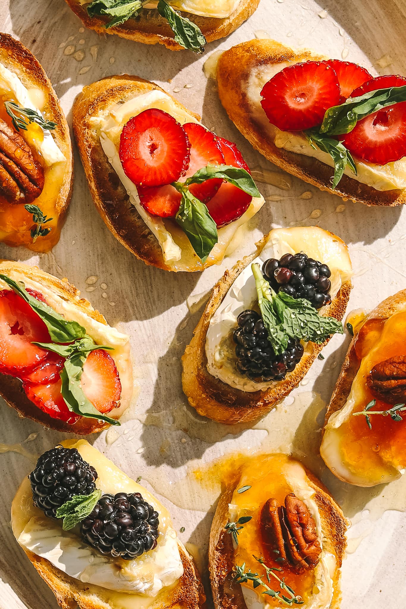 close-up of berry brie crostini