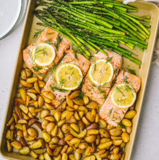 cooked Spring salmon, asparagus and potatoes on one pan