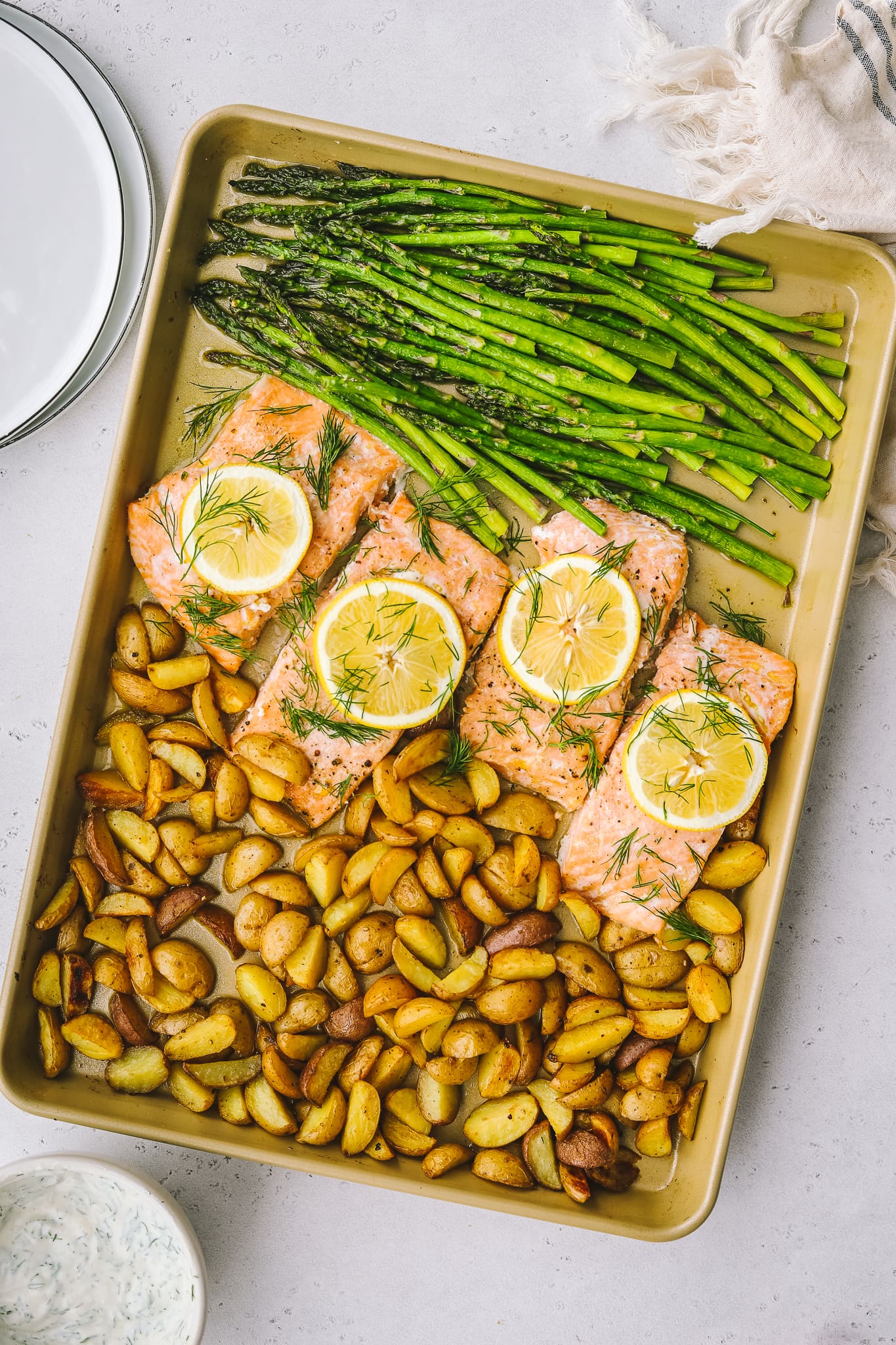 cooked Spring salmon, asparagus and potatoes on one pan