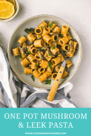 overhead shot of mushroom leek pasta in a bowl