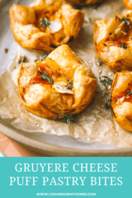 side angle of baked gruyere puff pastry bites