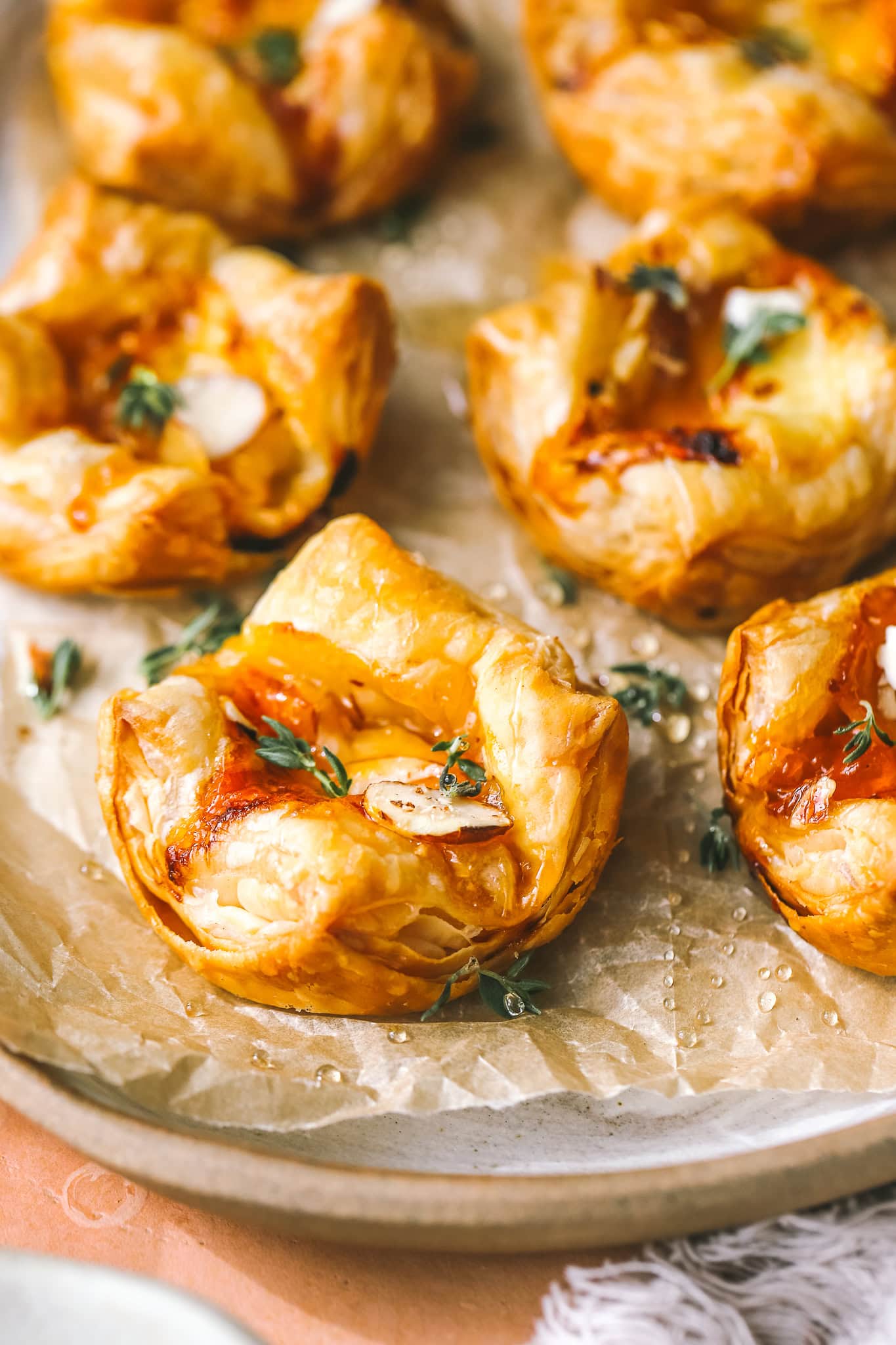 side angle of baked gruyere puff pastry bites