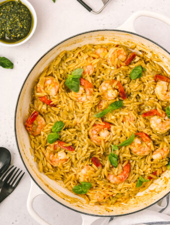 one pot with cooked orzo and shrimp