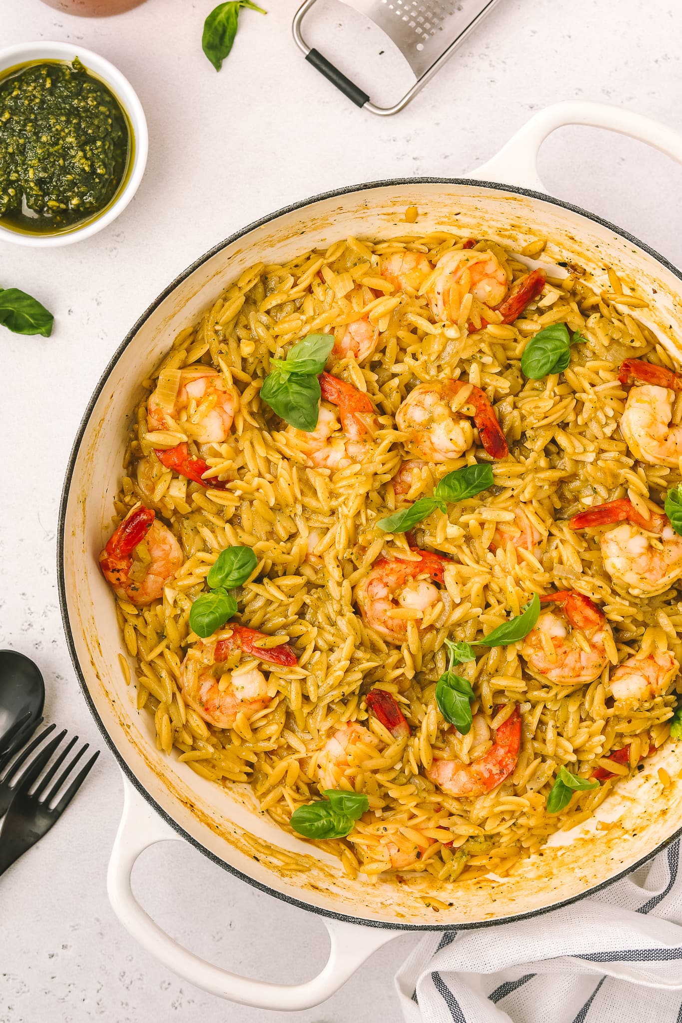 one pot with cooked orzo and shrimp