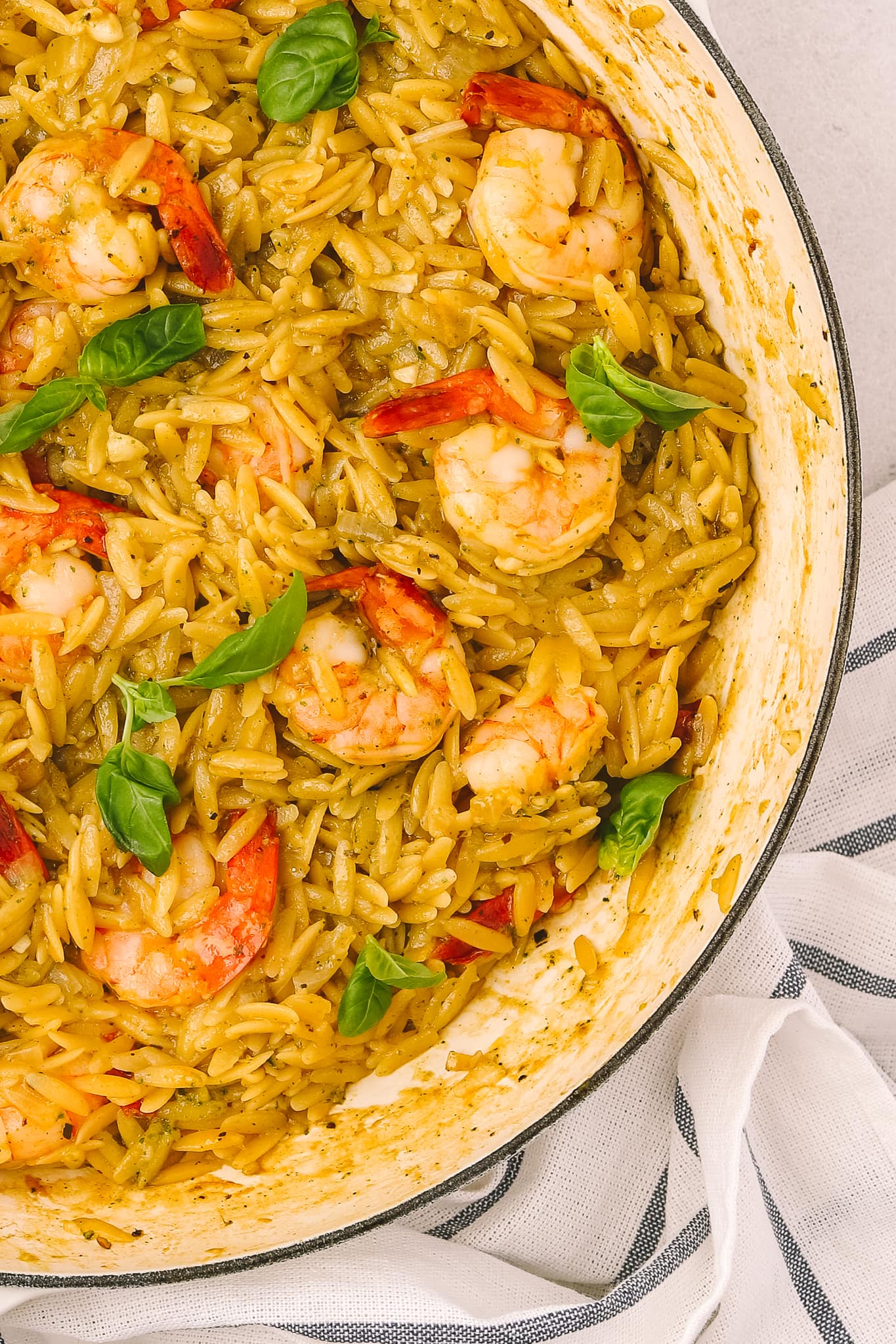 close up of lemon shrimp orzo dinner