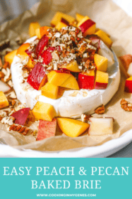 angled shot of brie,peaches and pecans