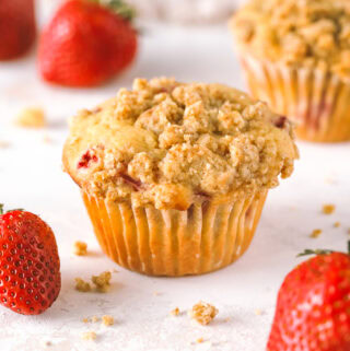 angled shot of strawberry rhubarb muffin