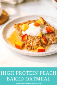 angled shot of peach baked oatmeal on a plate with yogurt and peaches