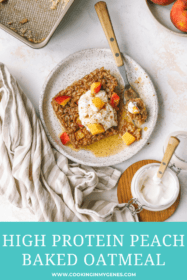 peach oatmeal on a plate with yogurt and peaches
