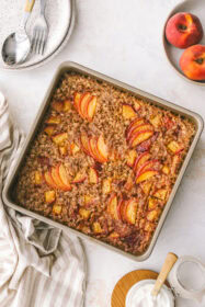 peach baked oatmeal in a baking dish