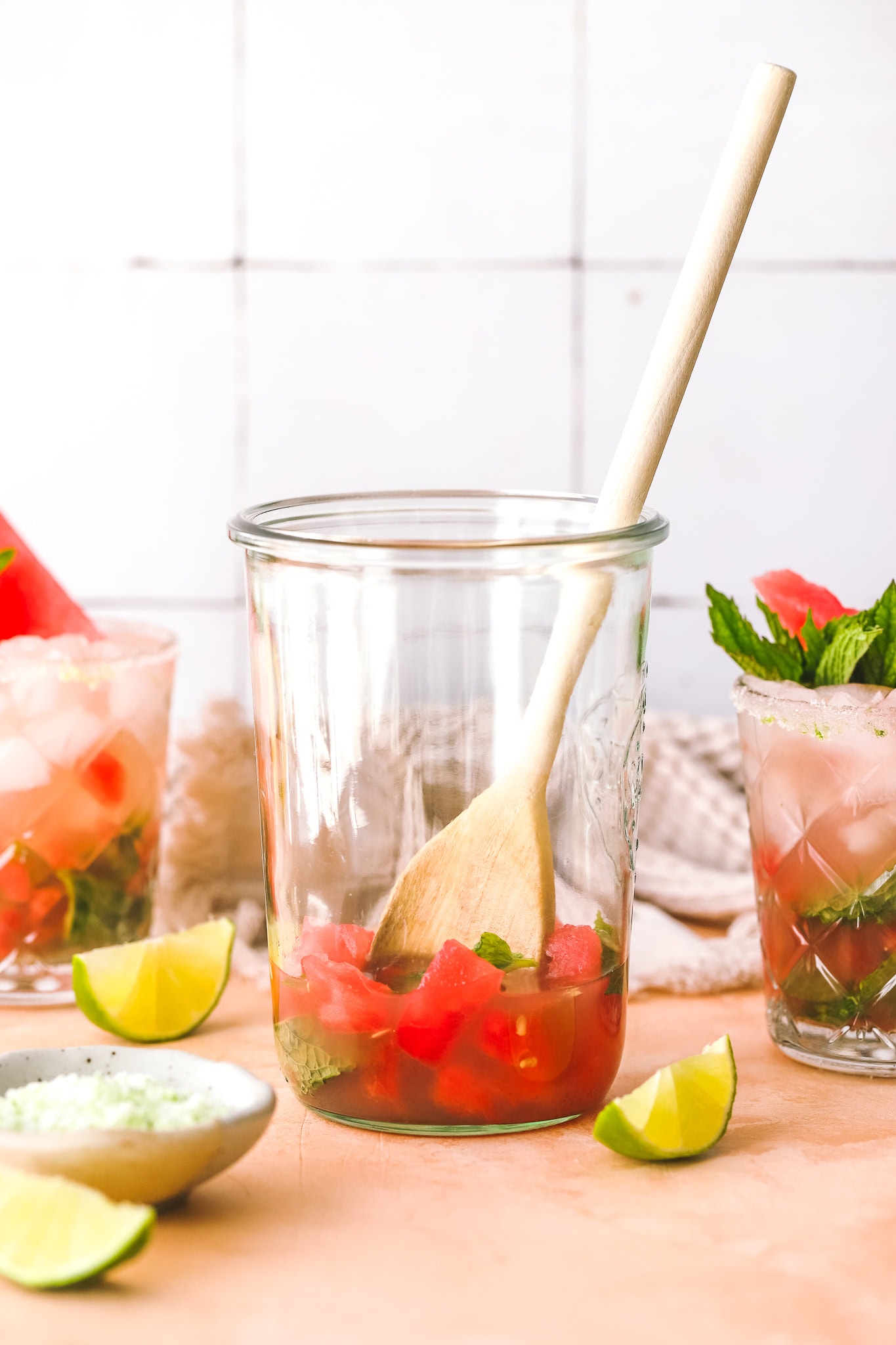 smashed watermelon with mint in a jar