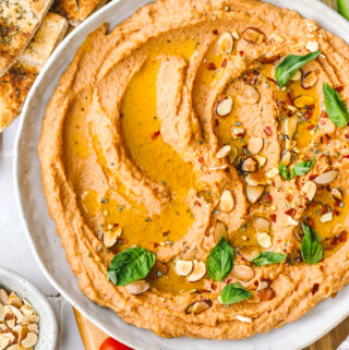 sundried tomato white bean hummus in a serving bowl