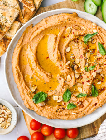 sundried tomato white bean hummus in a serving bowl