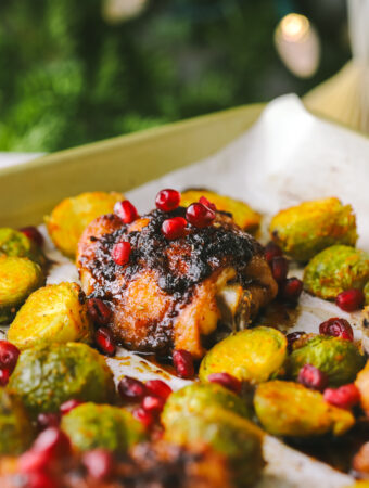 angled shot of pomegranate chicken