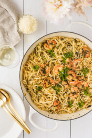 lemon garlic shrimp pasta in a large skillet