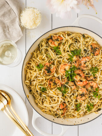 lemon garlic shrimp pasta in a large skillet