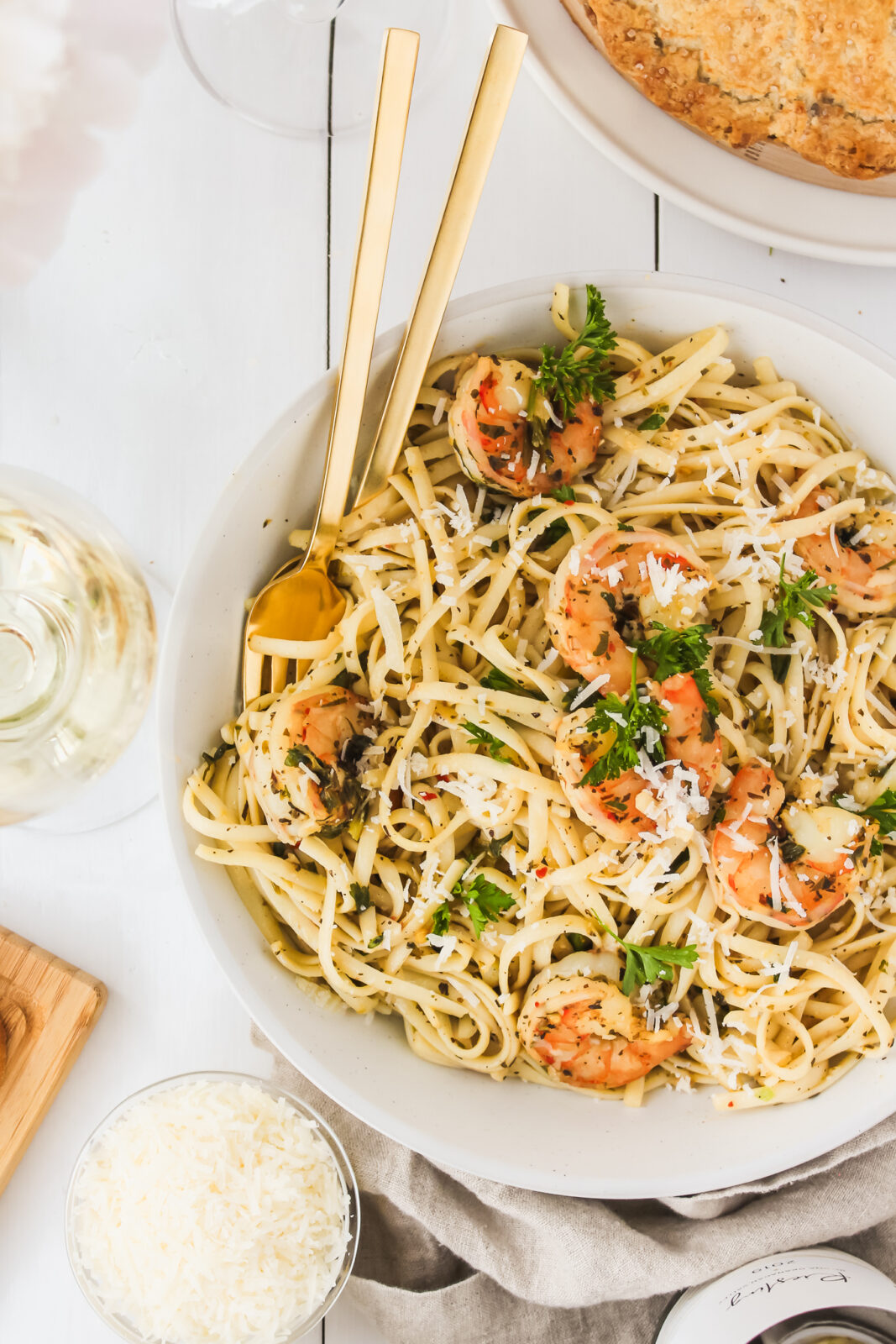 overhead of pasta with shrimp in a bowl