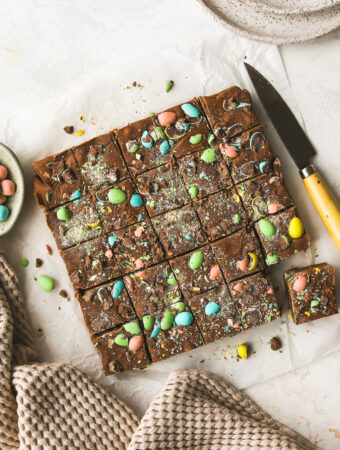 mini egg fudge cut into squares