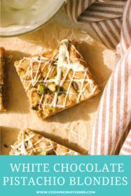 close up of white chocolate pistachio blondies