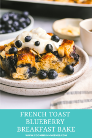 a piece of blueberry breakfast bake topped with maple cream cheese topping
