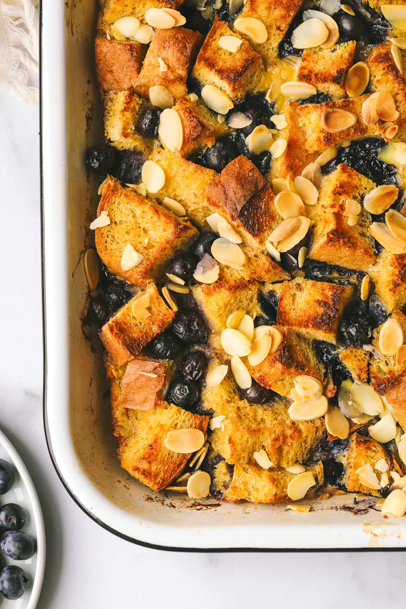 close-up of blueberry breakfast bake in a baking dish