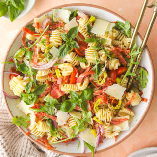 tossed summer pasta salad in a bolw