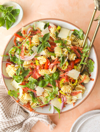 tossed summer pasta salad in a bolw