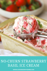 strawberry basil ice cream in an ice cream scoop