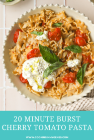 overhead of burst cherry tomato pasta in a bowl