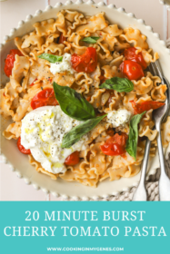 overhead of burst cherry tomato pasta in a bowl