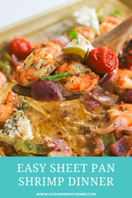 serving spoon with cooked shrimp and vegetables