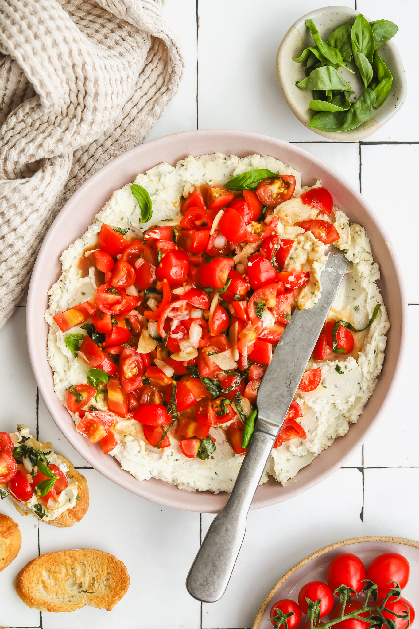 brousin bruschetta dip with a knife for serving