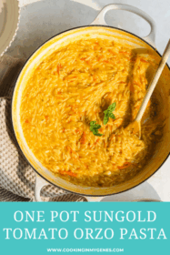 sungold tomato orzo pasta in a braiser