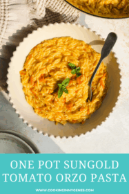 sungold tomato orzo pasta in a bowl with a spoon