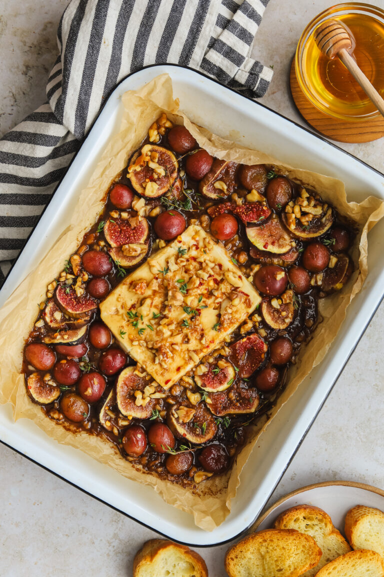 baked feta with figs in a baking dish