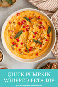 pumpkin whipped feta topped with pomegranate seeds, walnuts and sage in a bowl