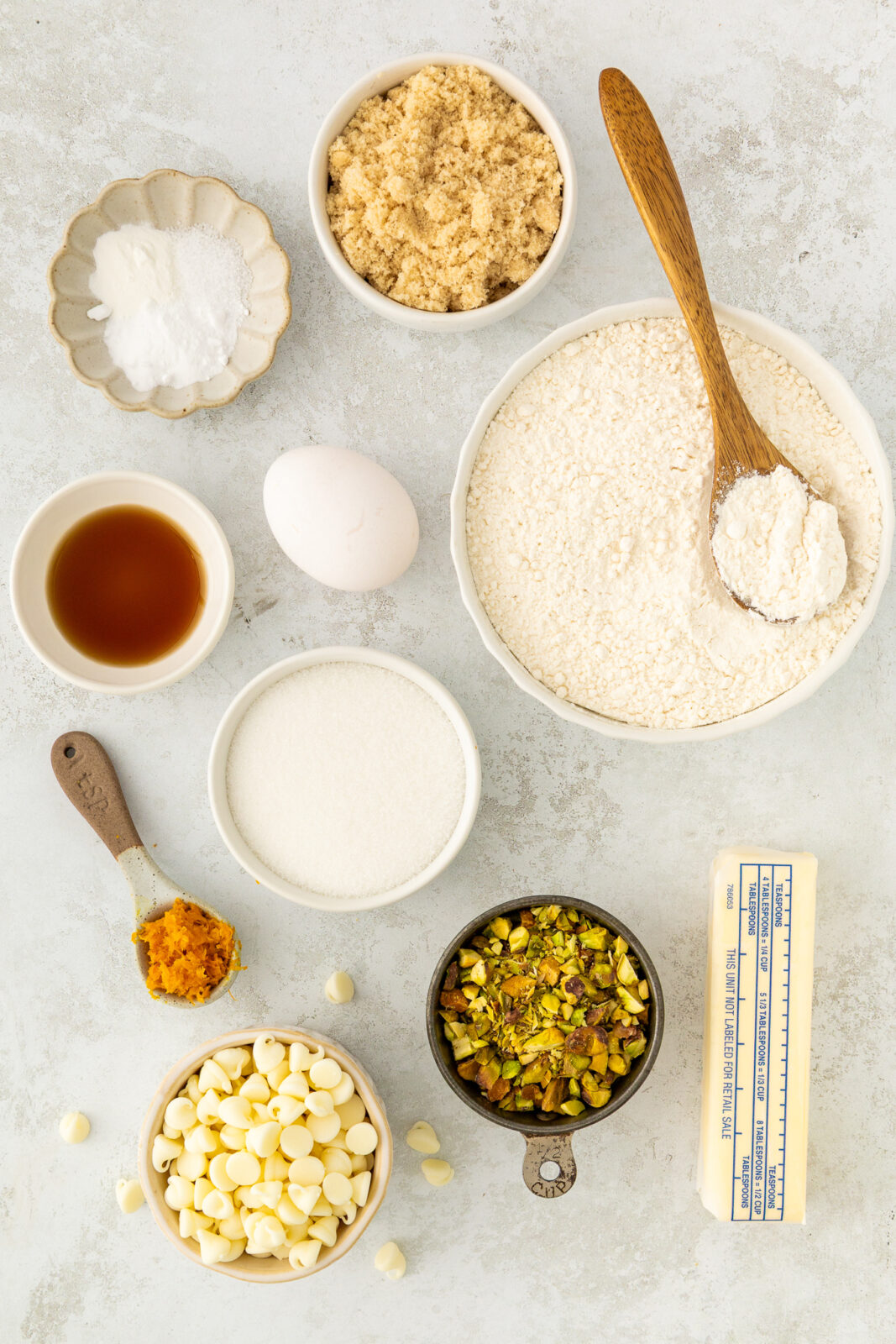 ingredients to make orange pistachio white chocolate chip cookies