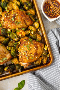 close up of sheet pan hot honey chicken
